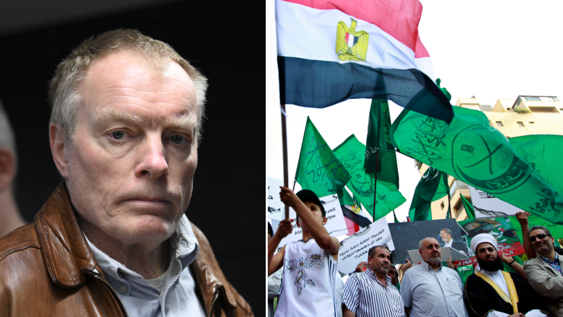 Till vänster: Terrorforskaren och Mellanöstern-experten Magnus Norell. Till höger: Anhängare av Muslimska Brödraskapet vid en demonstration i Beirut 2013. Foto: Johan Nilsson/Bilal Hussein/AP/TT