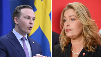 SD:s näringspolitiske talesperson Tobias Andersson och S-riksdagsledamoten Annika Strandhäll drabbar samman i het debatt om konkursdrabbade Northvolt. Foto: Jessica Gow/Mikaela Landeström/TT