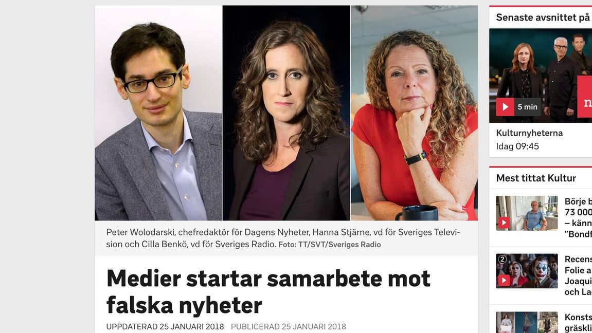 Att SVT redan är med i ett samarbete mot fake news verkar de ha glömt bort. Skärmdump från deras egen hemsida med en artikel från 2018