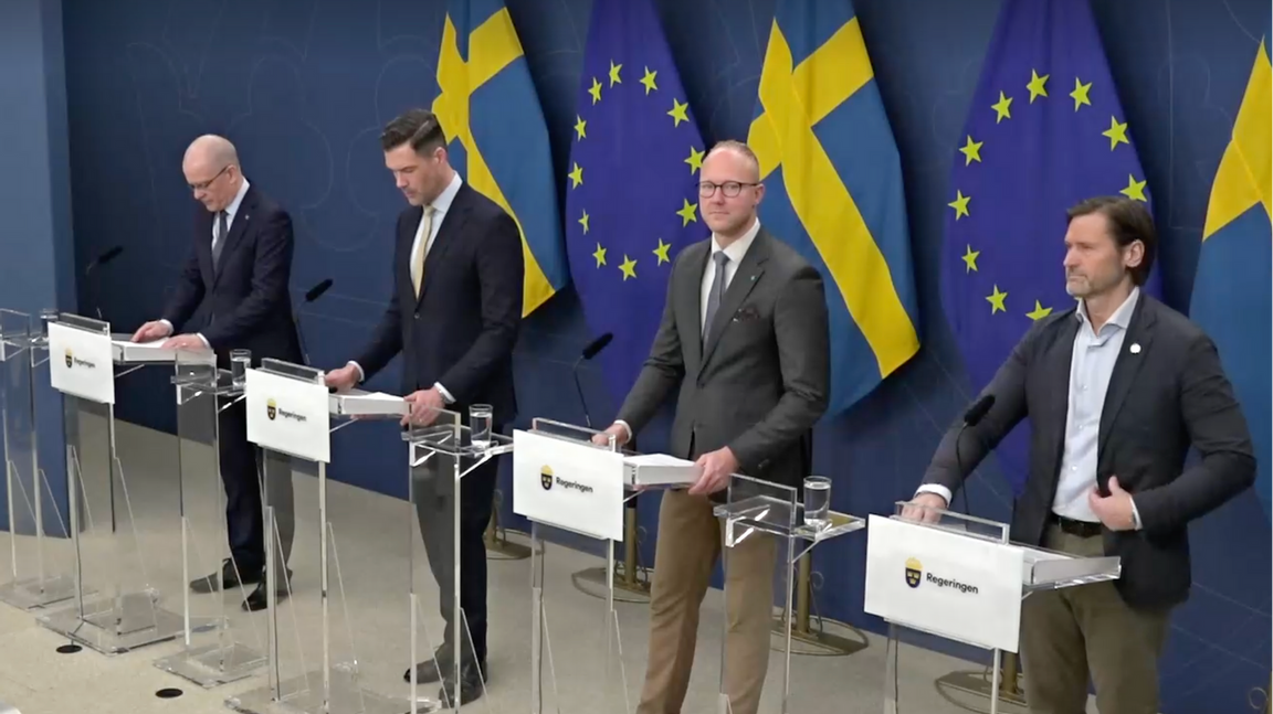 Fr. v: Ingemar Kihlström (KD), Johan Forssell (M), Ludvig Aspling (SD), Martin Melin (L). Foto: Skärmavbild/Regeringskansliet