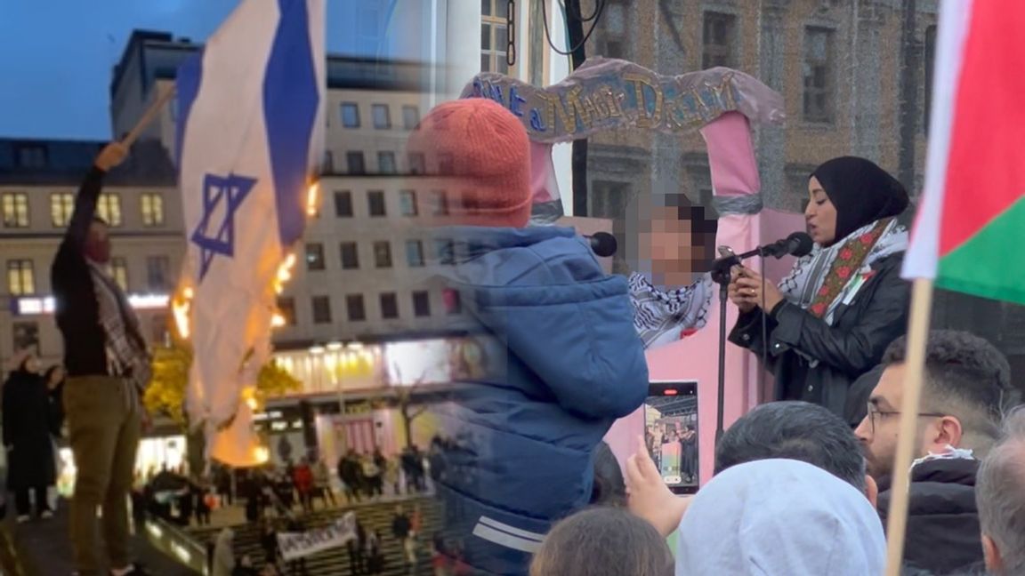 En israelisk flagga eldades upp efter manifestationen. Under manifestationen var en av talarna en minderårig flicka som skrek om att barn inte skulle bombas. Foto: Pelle Zackrisson/Ann Charlott Altstadt