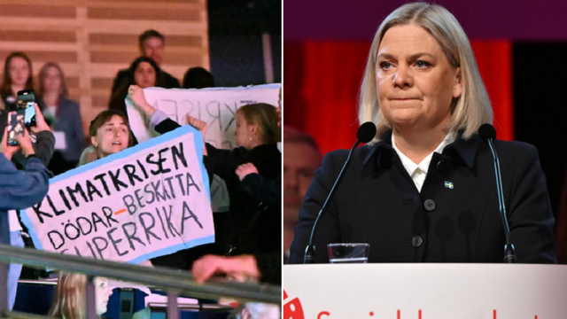 Klimataktivister störde Magdalena Anderssons tal under Socialdemokraternas partikongress. Foto: Björn Larsson Rosvall/TT