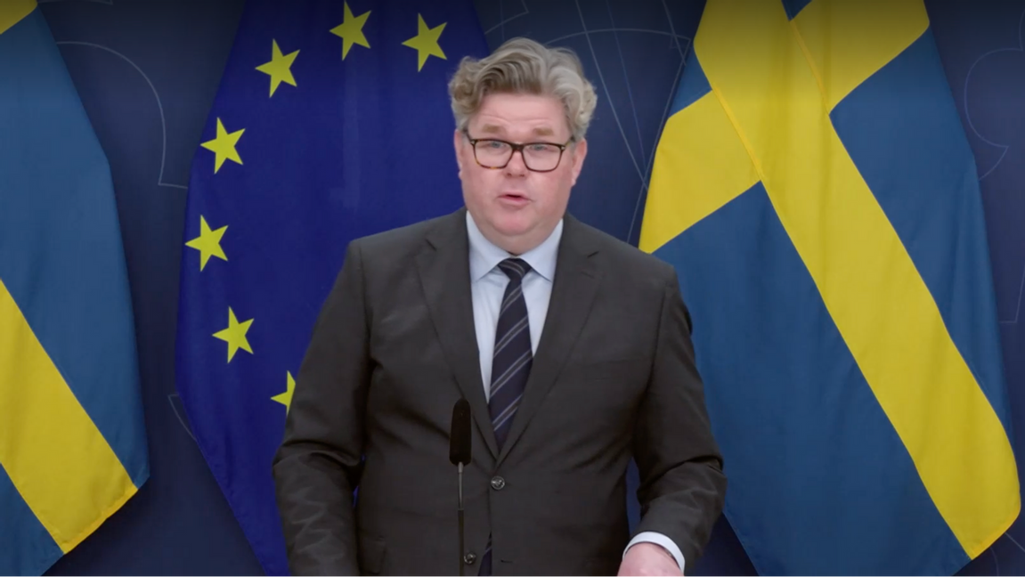 Justiteminister Gunnar Strömmer (M) under torsdagens pressträff. Foto: Regeringskansliet