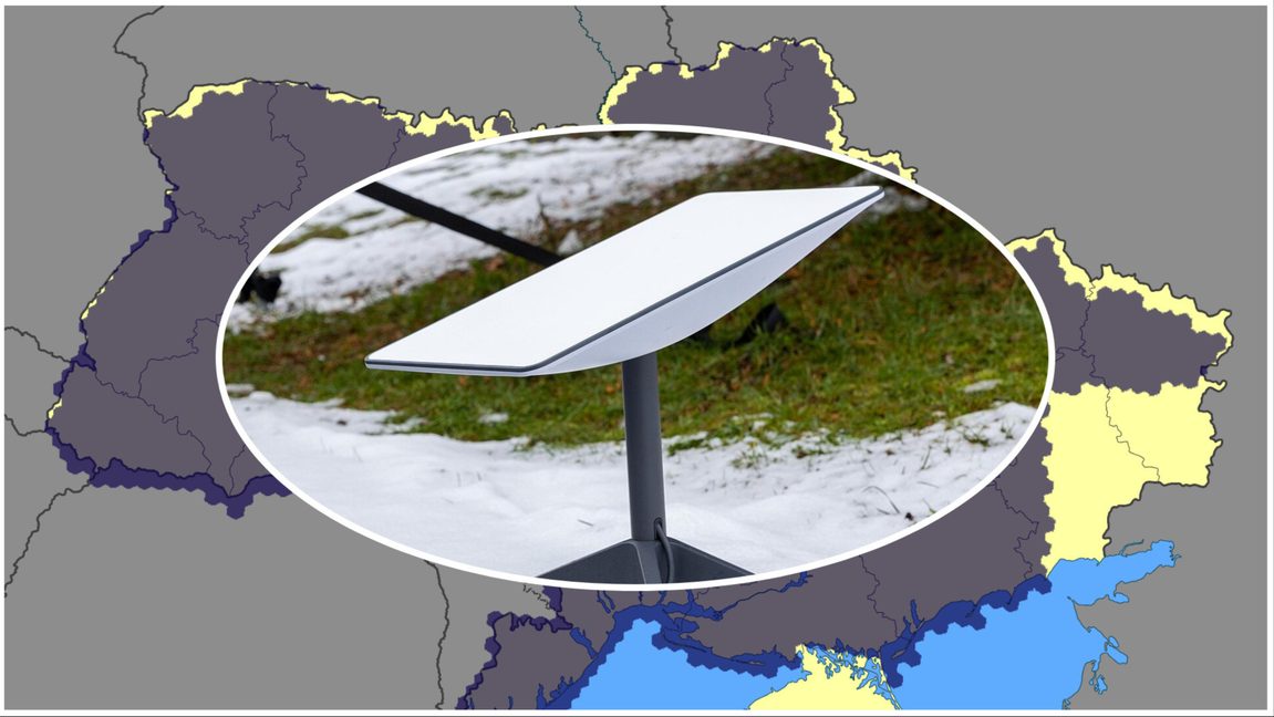 Kollage: En Starlinkterminal i Ternopilregionen den 24 november 2022 över en karta som visar Starlinks täckning på ukrainskt territorium. Observera att Starlink inte har täckning inne på ryskt territorium, gränsområden till Ryssland, Belarus och inte heller i delar av ryskockuperade Luhansk- och Donetskregionerna samt Krimhalvön. Foto: Odapresste och Codemwiki / Wikimedia commons