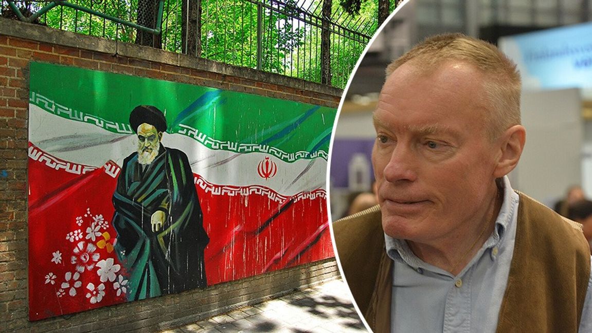 Graffiti föreställande Irans tidigare högste ledare Ruhollah Khomeini vid USA:s tidigare ambassad i Teheran. Till höger: Magnus Norell. Foto: Pawel Ryszawa/CC BY 3.0/Bengt Oberger/CC BY-SA 4.0