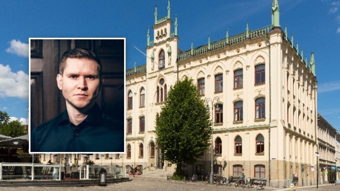 Rådhustet i Örebro och Örebropartiets Markus Allard. Bild: Liberaler Humanist/CC BY-SA 3.0/Privat
