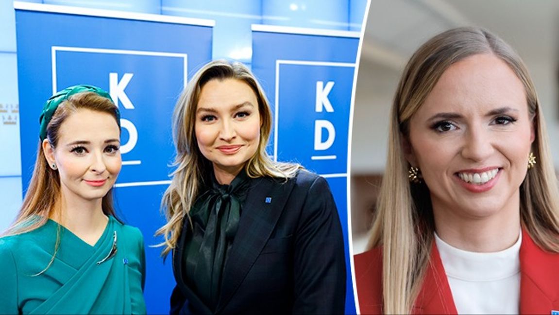 Sara Skyttedal, till höger, petas. KD:s partiledare Ebba Busch presenterade nya föreslagna toppnamnet Alice Teodorescu Måwe på en pressträff på fredagen. Foto: Christine Olsson/TT