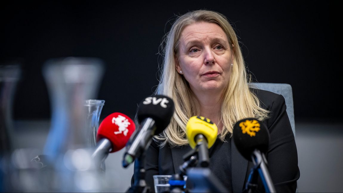 Kommundirektör Linda Strand vid kommunens presskonferens i kommunhuset i Hörby på fredagen. Foto: Johan Nilsson / TT