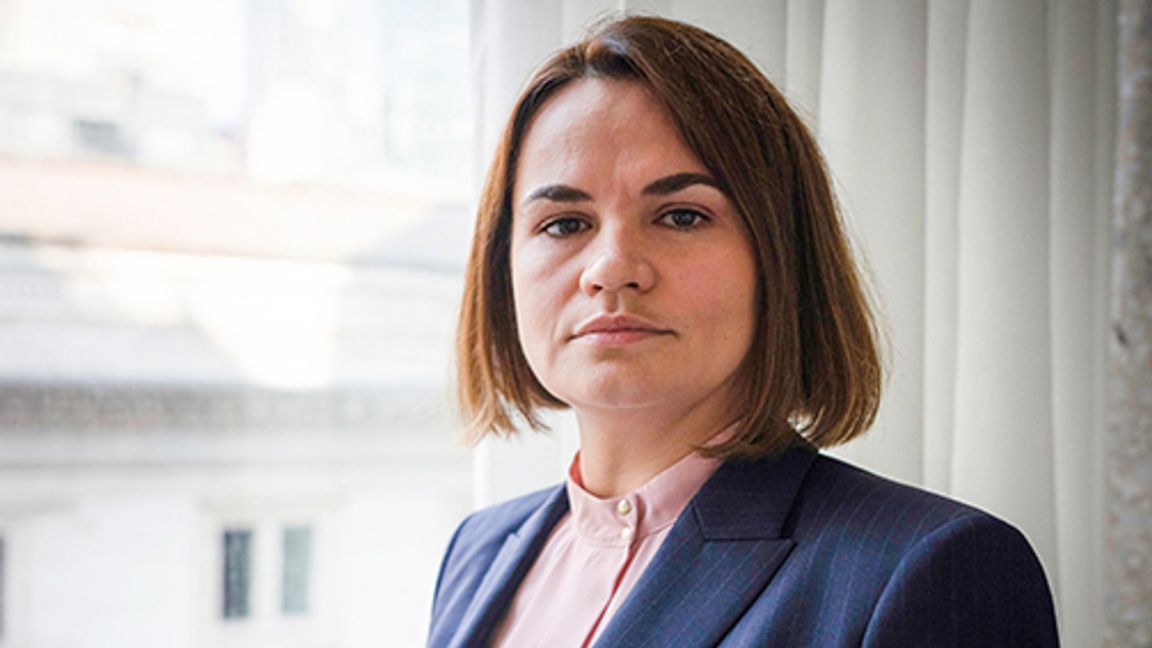 In this July 27, 2021, file photo Belarusian opposition leader Sviatlana Tsikhanouskaya poses for a photo in New York. Tsikhanouskaya, authoritarian President Alexander Lukashenko’s main election challenger, who was forced to leave Belarus under official pressure after the election, met with President Joe Biden on Wednesday, July 28. Photo: Robert Bumsted/AP