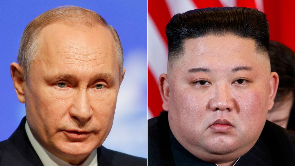 Ryska presidenten Vladimir Putin med Nordkoreas ledare Kim Jong Un. Foto: Dmitri Lovetsky/AP/TT 