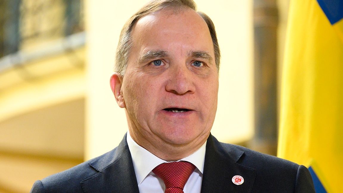 Stefan Löfven höll digitalt förstamajtal. Foto: Henrik Montgomery/TT