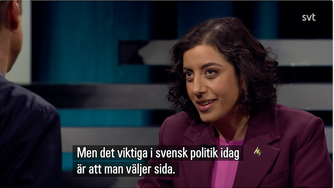 Liberalernas partiledare Simona Mohamsson i SVT:s Agenda. Foto: Skärmdump via SVT