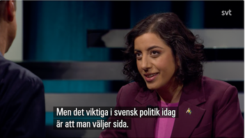 Liberalernas partiledare Simona Mohamsson i SVT:s Agenda. Foto: Skärmdump via SVT