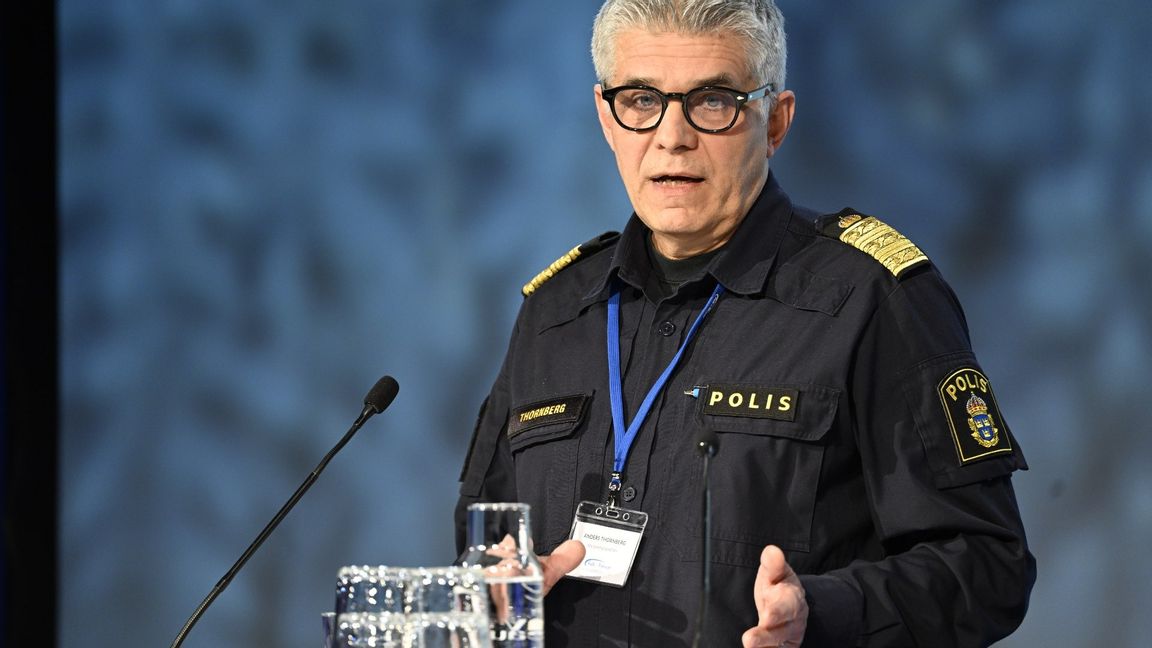 Rikspolischefen Anders Thornberg talar under Folk och Försvars rikskonferens i Sälen på tisdagen. Foto: Henrik Montgomery / TT