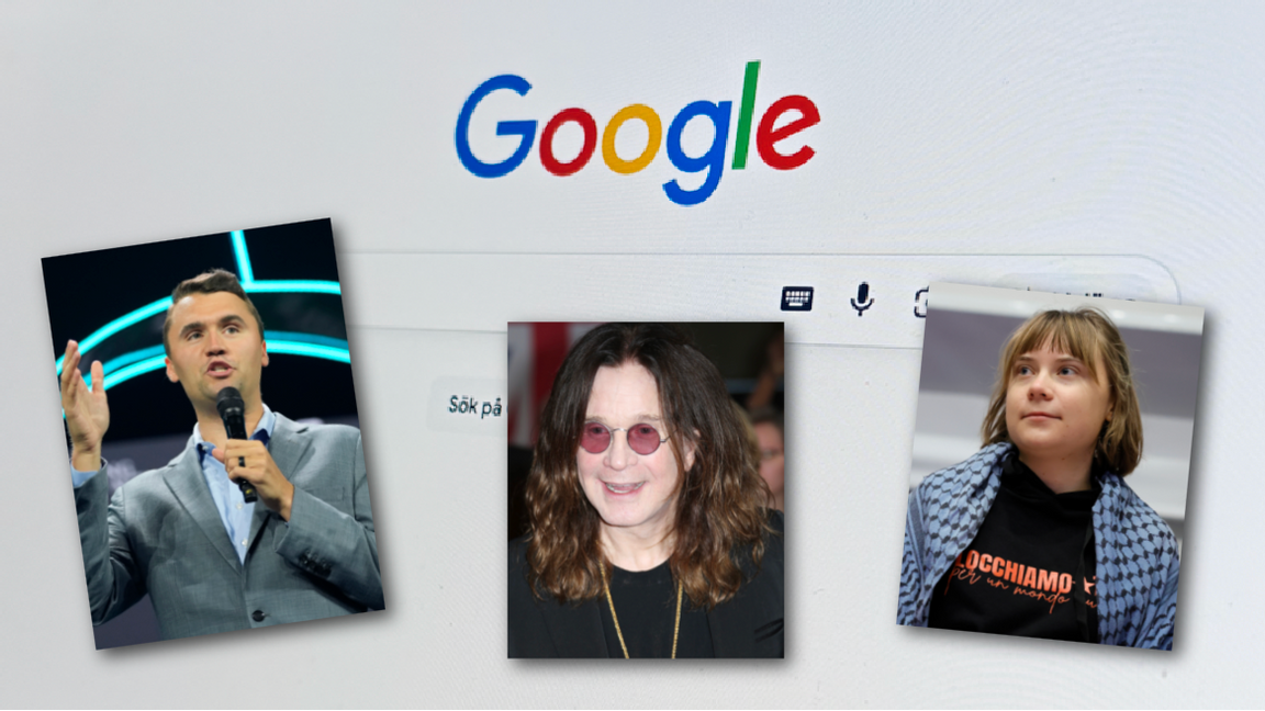 Charlie Kirk, Ozzy Osbourne och Greta Thunberg var bland de mest sökta namnen på Google i Sverige under 2025. Foto: Bulletin/TT