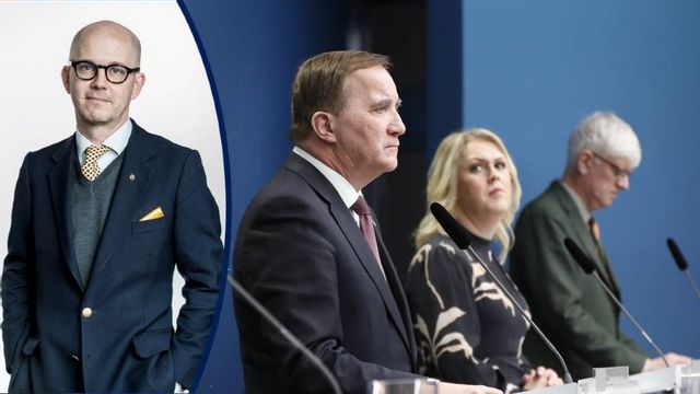 Statsminister Stefan Löfven, socialminister Lena Hallengren och Folkhälsomyndighetens Johan Carlsson. Foto: Christina Olsson, TT.