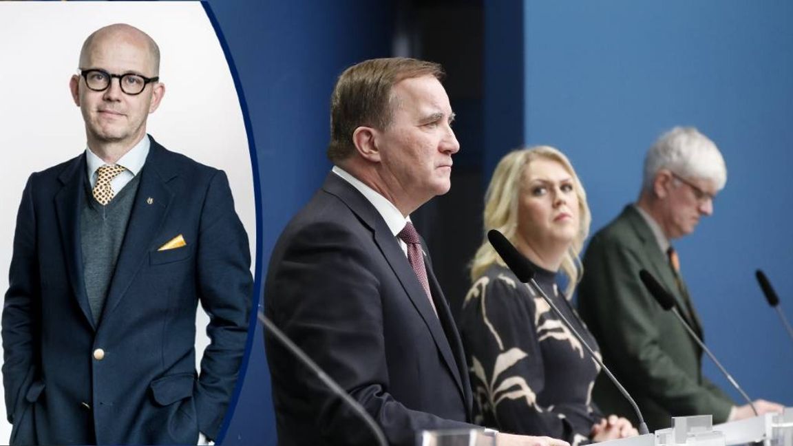 Statsminister Stefan Löfven, socialminister Lena Hallengren och Folkhälsomyndighetens Johan Carlsson. Foto: Christina Olsson, TT.