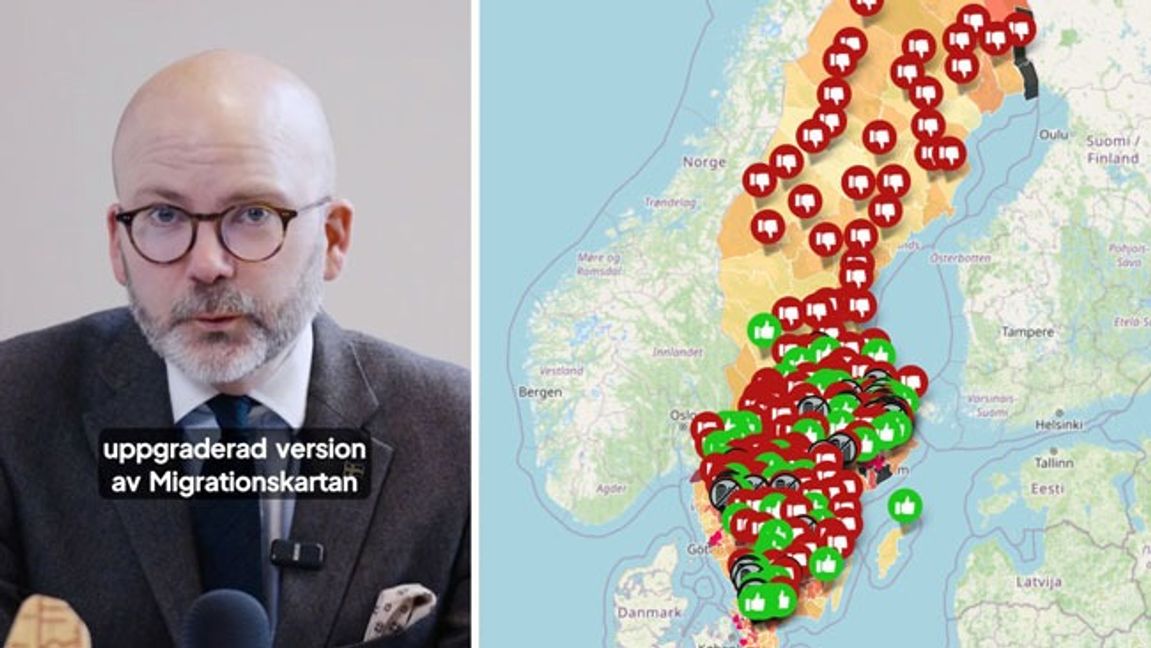 Charlie Weimers och den uppgraderade kartan. Foto: Faksimil X/Migrationskartan.se.