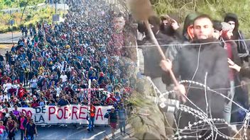 Migrantkaravan på väg till USA–Mexiko-gränsen. Till höger: En migrant från Mellanöstern hytter med en spade från Belarus-sidan mot polsk gränspolis. Foto: Edgar H. Clemente/Polens försvarsministerium