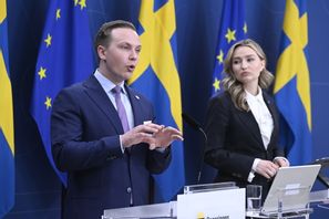 Sverigedemokraten Tobias Andersson, ordförande i näringsutskottet, vid en pressträff i fjol. Arkivbild. Jessica Gow/TT