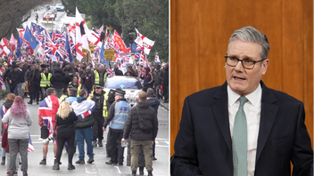 Tusentals demonstranter samlades i Crowborough för att protestera mot att asylsökande placeras i en tidigare arméförläggning i staden. Foto: BBC via X, Jordan Pettitt/Pool Photo via AP/TT