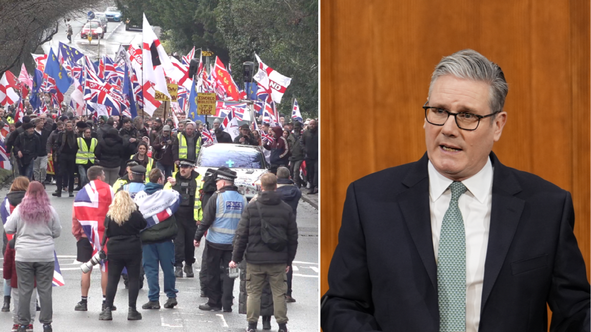Tusentals demonstranter samlades i Crowborough för att protestera mot att asylsökande placeras i en tidigare arméförläggning i staden. Foto: BBC via X, Jordan Pettitt/Pool Photo via AP/TT