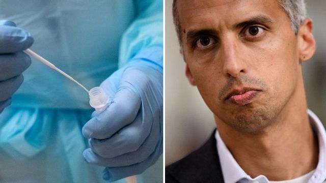 Bild av provtagningspinne som placeras i reagens, samt på Danmarks invandrings- och integrationsminister Mattias Tesfaye. Arkivbild. Foto: Johan Nilsson/TT/Philip Davali/Scanpix/TT.