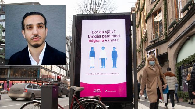 Farshid  Jalalvand, forskare i klinisk mikrobiologi vid Lunds universitiet, samt skylt med information om coronapandemin på Hamngatan i centrala Stockholm. Foto: Privat/Fredrik Sandberg/TT.