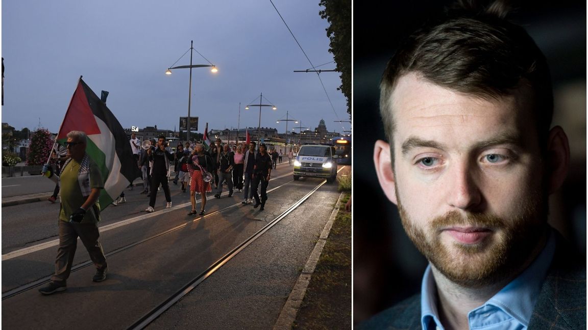 Jakop Dalunde (MP) vill inte svara på frågor om Palestinademonstrationerna som ska stoppa busstrafiken varje lördag på obestämd framtid. Foto: Oscar Olsson/TT/Pontus Lundahl/TT