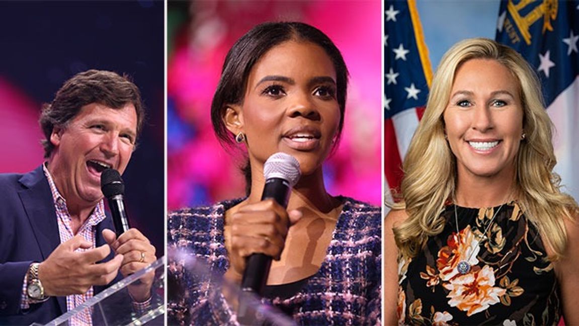 Tucker Carlson, Candace Owens och Marjorie Taylor Greene. Bild: Gage Skidmore/CC BY-SA 4.0/Gage Skidmore/CC BY-SA 2.0/Public Domain