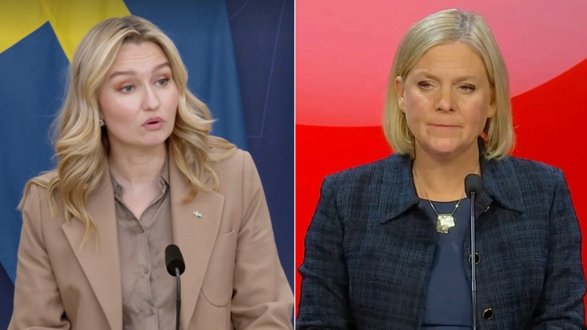 Ebba Busch (KD) bjuder in Magdalena Andersson (S) till ett offentligt samtal om kvinnorättsfrågor inför internationella kvinnodagen. Foto: Regeringskansliet/Socialdemokraterna via YouTube
