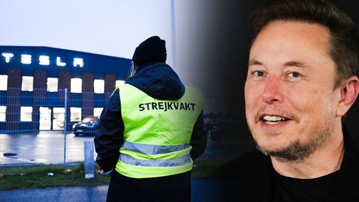 Strejkvakter utanför Teslas Servicecenter i Segeltorp. Elon Musk, vd för Tesla, till höger. Foto: Kirsty Wigglesworth/AP/Jessica Gow/TT