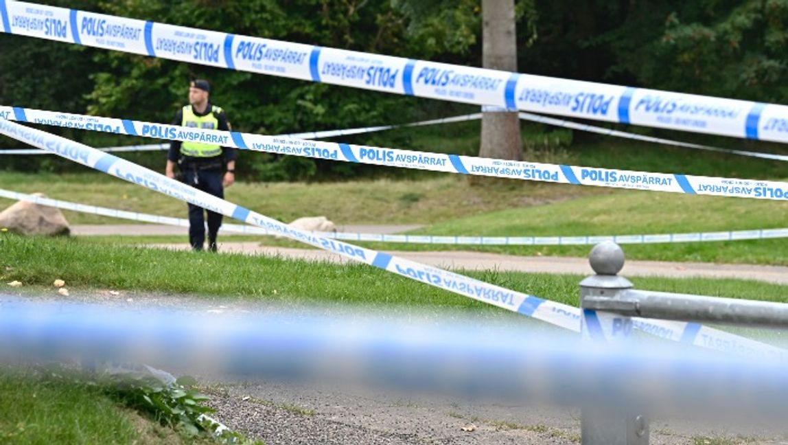 Polisen letade med hundar efter bevis efter lördagens dödsskjutning. Foto: Mikael Fritzon/TT