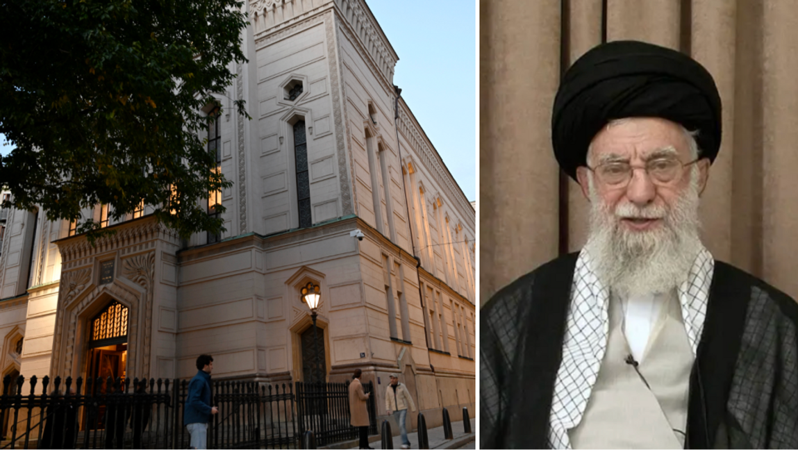 Hotet mot judiska intressen i Sverige har ökat markant, enligt uppgifter. På bild syns stora synagogan i Stockholm och Irans ledare ayatolla Ali Khamenei. Foto: Fredrik Sandberg/TT/AP